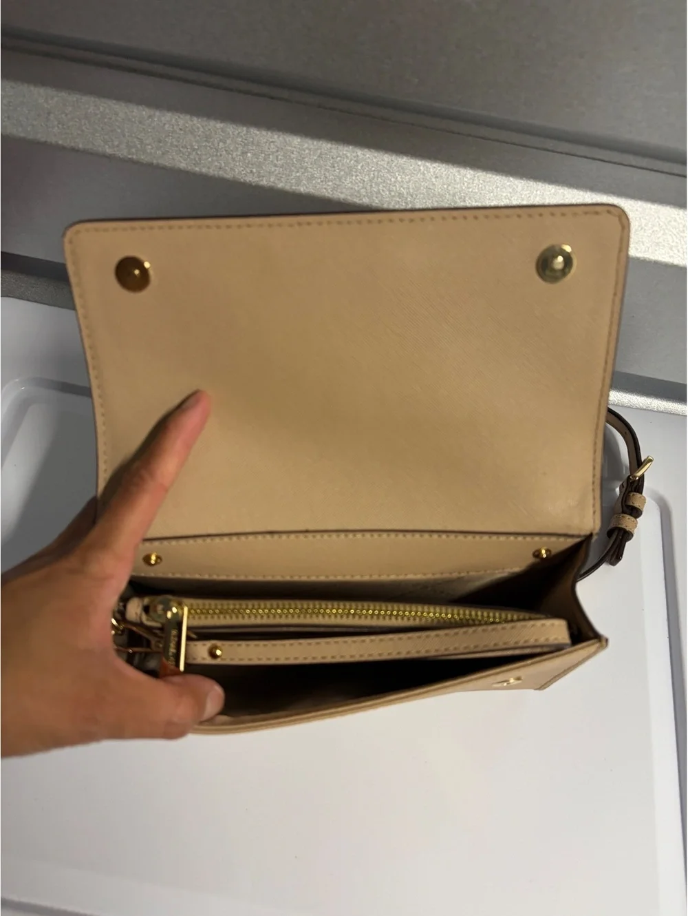 Michael Kors Beige Leather Crossbody Bag with Gold Chain Strap